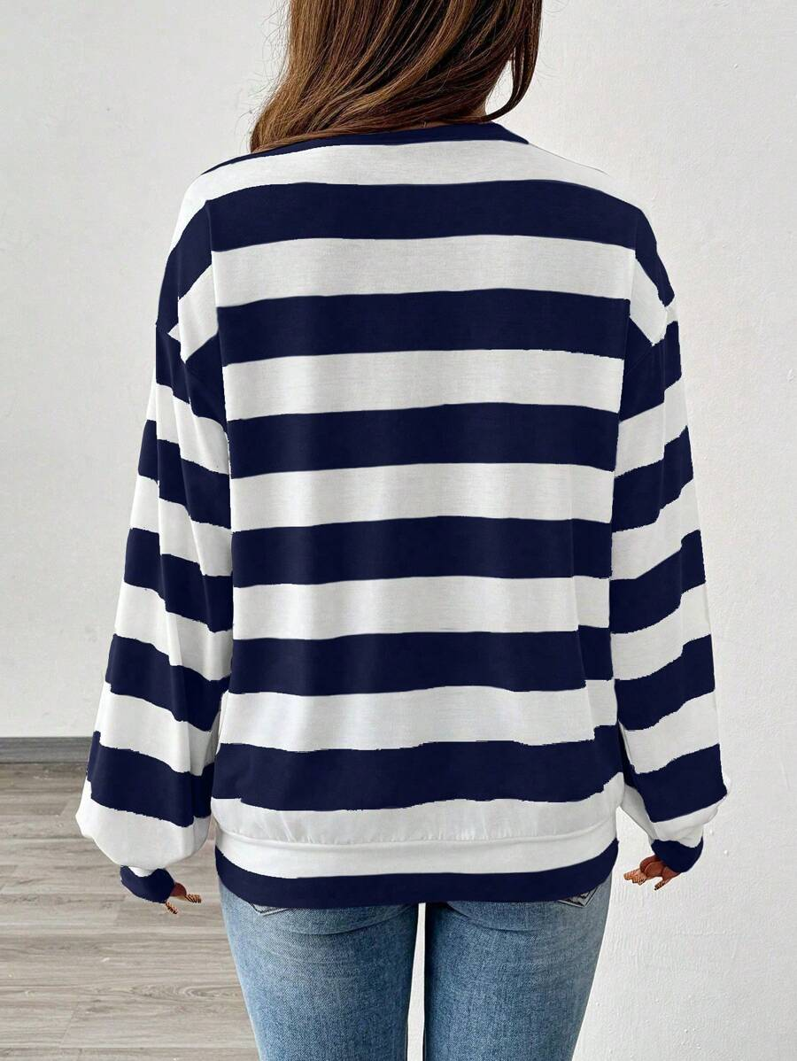 Women Striped Crew Neck Printing Casual Spring/Fall Long Sleeve Sweatshirt