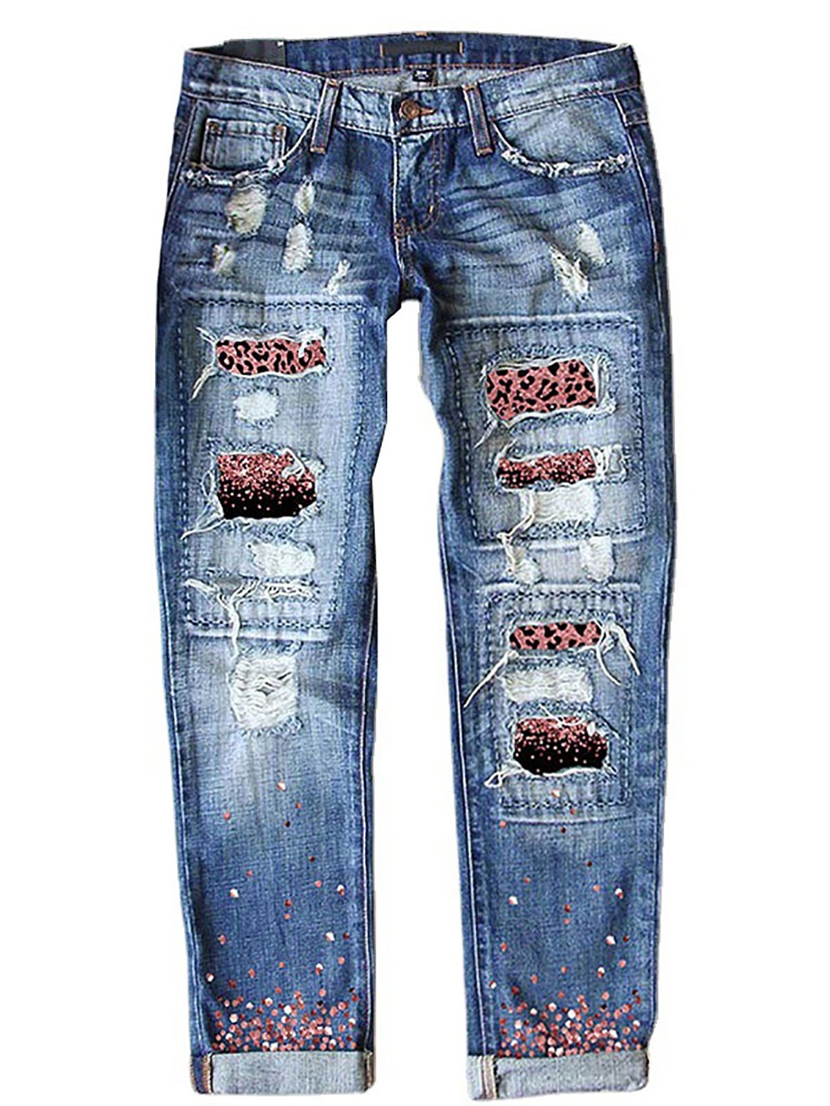 Street Leopard Fashion Slim-fit Printed Patchwork Ripped Jeans