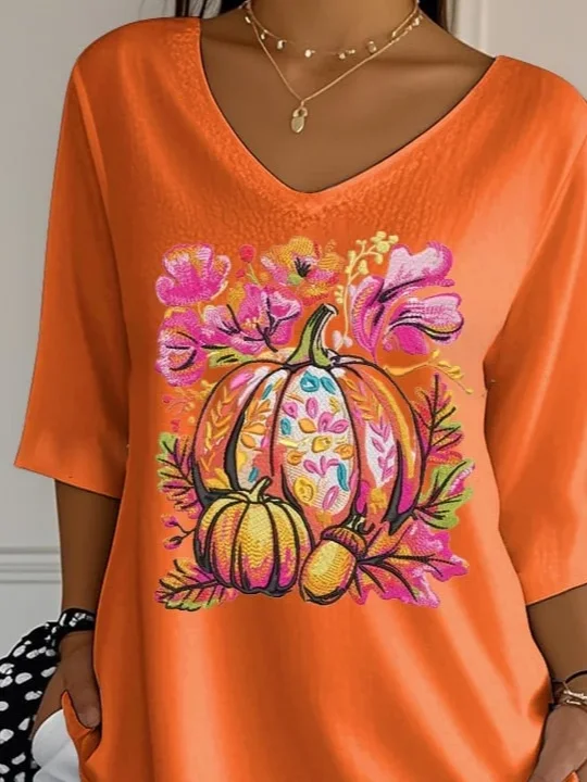 Women Halloween Pumpkin Orange Floral Three Quarter Sleeve Tee T-shirt V Neck Printing Festival Spring/Fall Graphic Tee Top