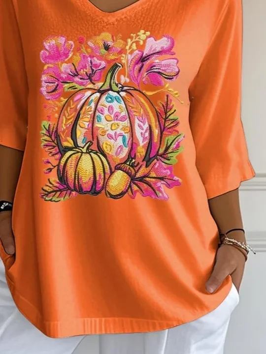 Women Halloween Pumpkin Orange Floral Three Quarter Sleeve Tee T-shirt V Neck Printing Festival Spring/Fall Graphic Tee Top