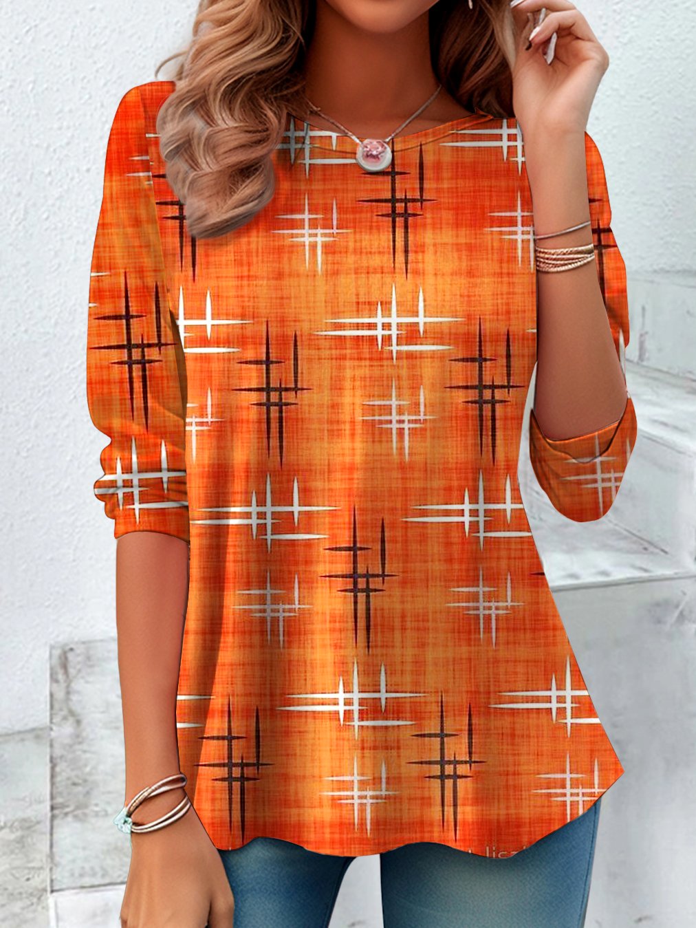 Women Geometric Long Sleeve Tee T-shirt Crew Neck Vintage Spring/Fall Top