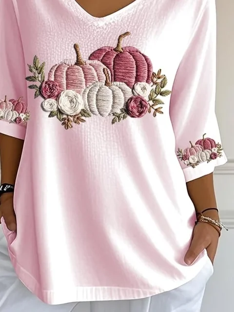 Women Halloween Pumpkin Floral Three Quarter Sleeve Tee T-shirt V Neck Printing Festival Spring/Fall Graphic Tee Top