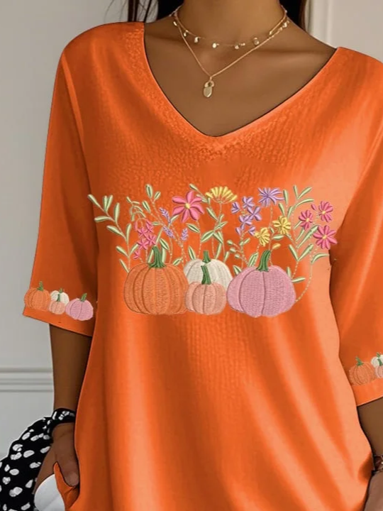 Women Halloween Pumpkin Orange Floral Three Quarter Sleeve Tee T-shirt V Neck Printing Festival Spring/Fall Graphic Tee Top