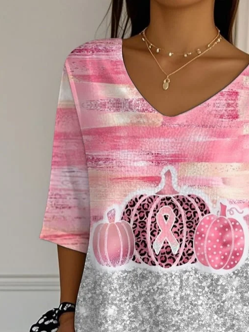 Women Halloween Pumpkin Pink Ribbon Three Quarter Sleeve Tee T-shirt V Neck Printing Festival Spring/Fall Graphic Tee Top