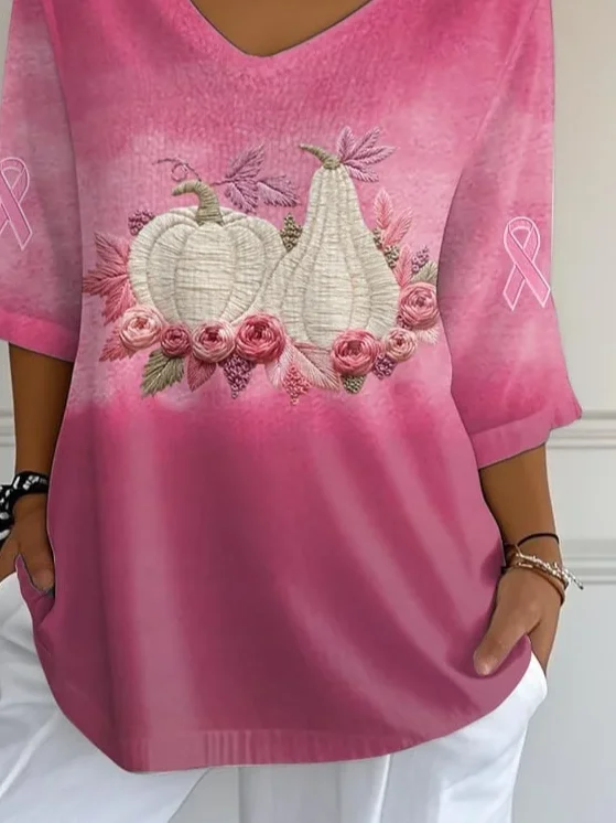 Women Halloween Pumpkin Pink Floral Three Quarter Sleeve Tee T-shirt V Neck Printing Festival Spring/Fall Graphic Tee Top