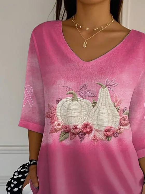 Women Halloween Pumpkin Pink Floral Three Quarter Sleeve Tee T-shirt V Neck Printing Festival Spring/Fall Graphic Tee Top