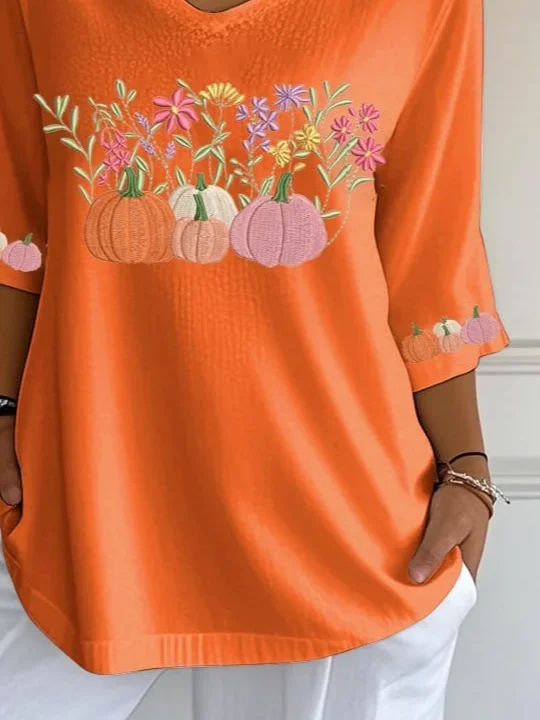 Women Halloween Pumpkin Orange Floral Three Quarter Sleeve Tee T-shirt V Neck Printing Festival Spring/Fall Graphic Tee Top