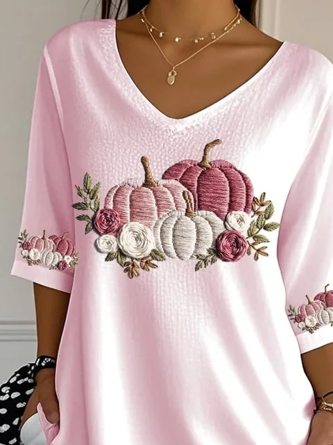 Women Halloween Pumpkin Floral Three Quarter Sleeve Tee T-shirt V Neck Printing Festival Spring/Fall Graphic Tee Top