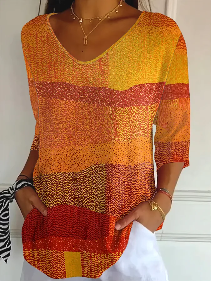 Women Abstract Three Quarter Sleeve Tee T-shirt V Neck Printing Casual Spring/Fall Graphic Tee Top