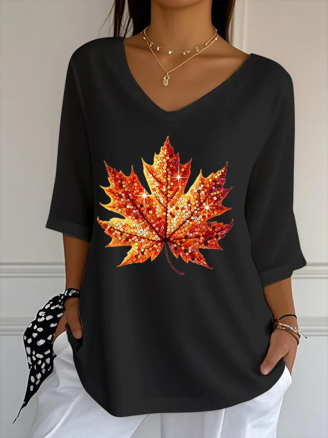 Women Maple Leaf Three Quarter Sleeve Tee T-shirt V Neck Printing Casual Spring/Fall Graphic Tee Top