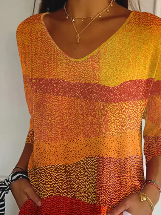 Women Abstract Three Quarter Sleeve Tee T-shirt V Neck Printing Casual Spring/Fall Graphic Tee Top