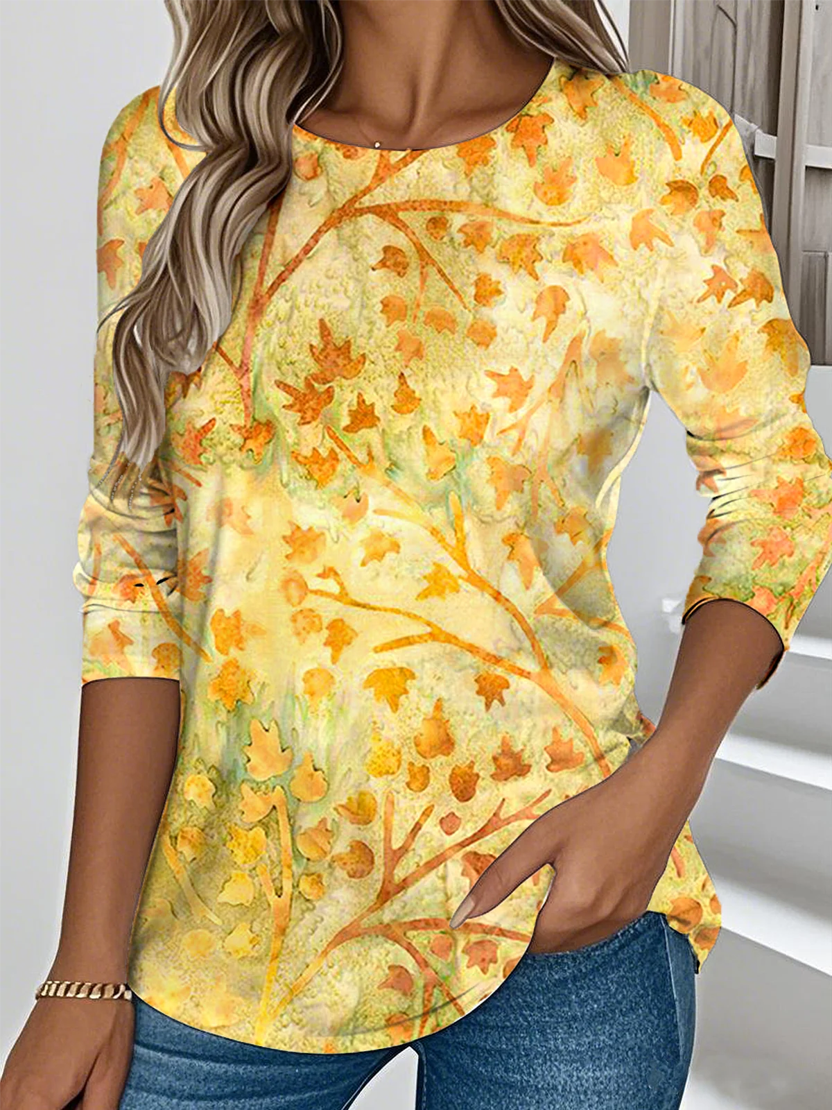 Women Floral Long Sleeve Tee T-shirt Crew Neck Casual Spring/Fall Top