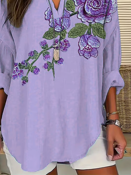 Women Floral Long Sleeve Blouse Spring/Fall Printing V Neck Daily Casual Top