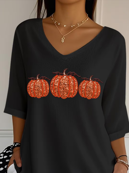 Women Halloween Pumpkin Three Quarter Sleeve Tee T-shirt V Neck Printing Casual Spring/Fall Graphic Tee Top