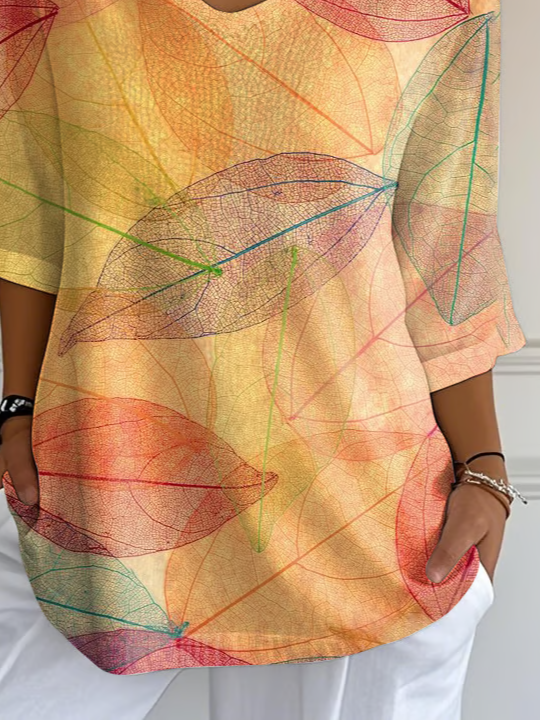 Women Leaf Three Quarter Sleeve Tee T-shirt V Neck Printing Casual Spring/Fall Graphic Tee Top