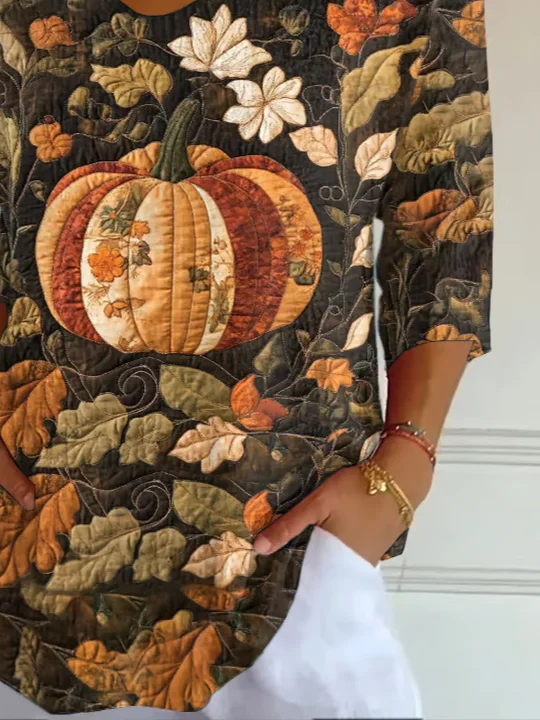 Women Halloween Pumpkin Floral Print Three Quarter Sleeve Tee T-shirt V Neck Festival Spring/Fall Graphic Tee Top