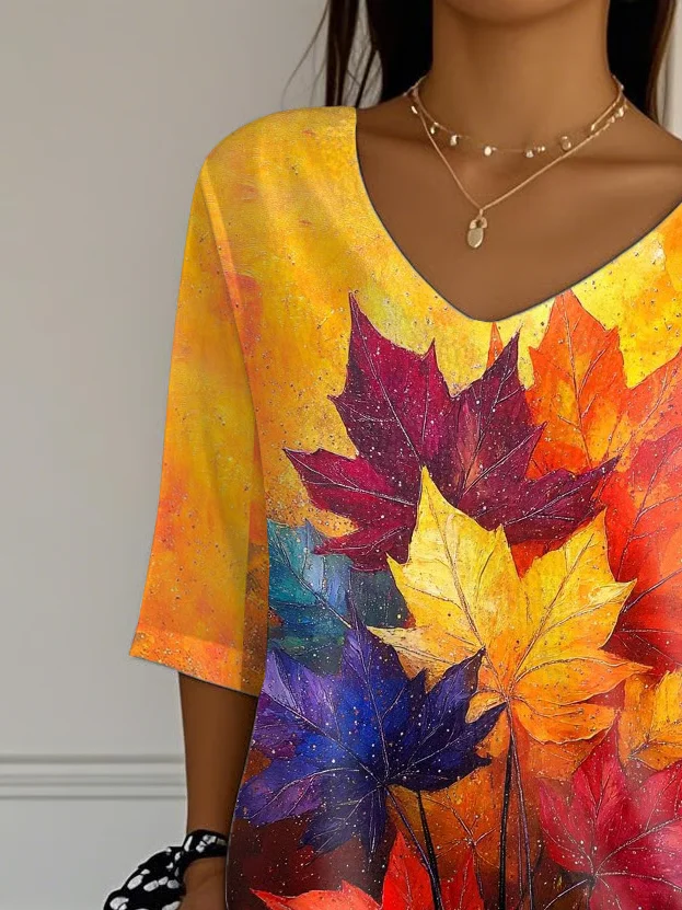 Women Maple Leaf Three Quarter Sleeve Tee T-shirt V Neck Printing Casual Spring/Fall Graphic Tee Top