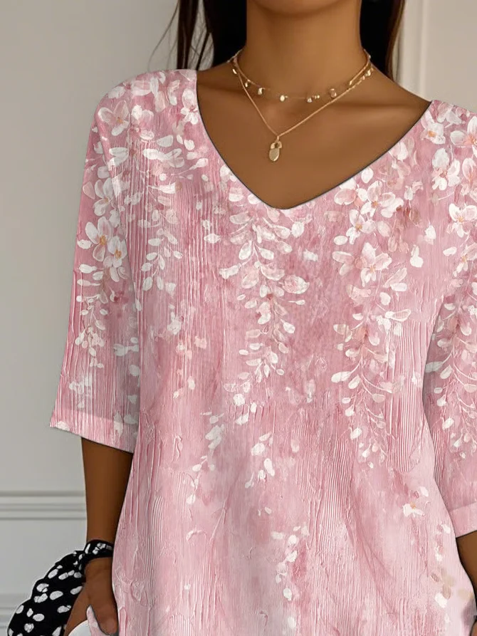 Women Floral Three Quarter Sleeve Tee T-shirt V Neck Printing Casual Spring/Fall Graphic Tee Top