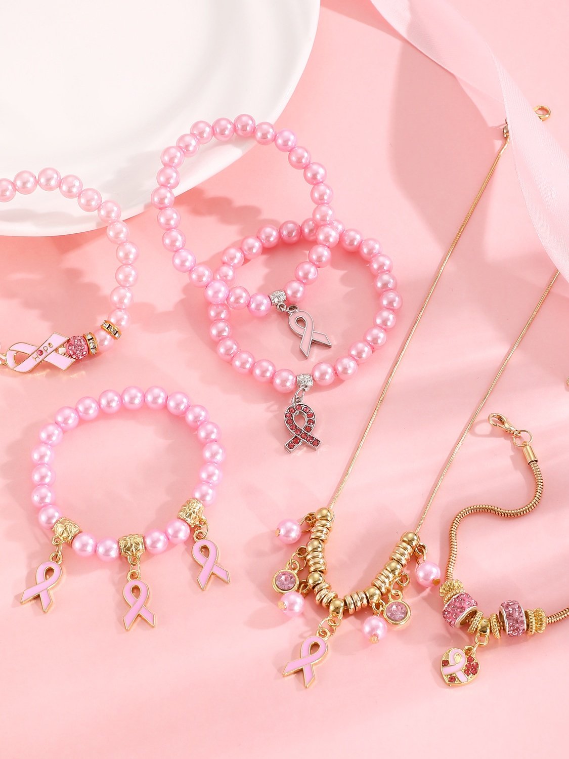 Breast Marker Real Gold Electroplated Pink Ribbon Women's Health Pearl Bracelet Necklace Set Ins Shambhala Jewelry