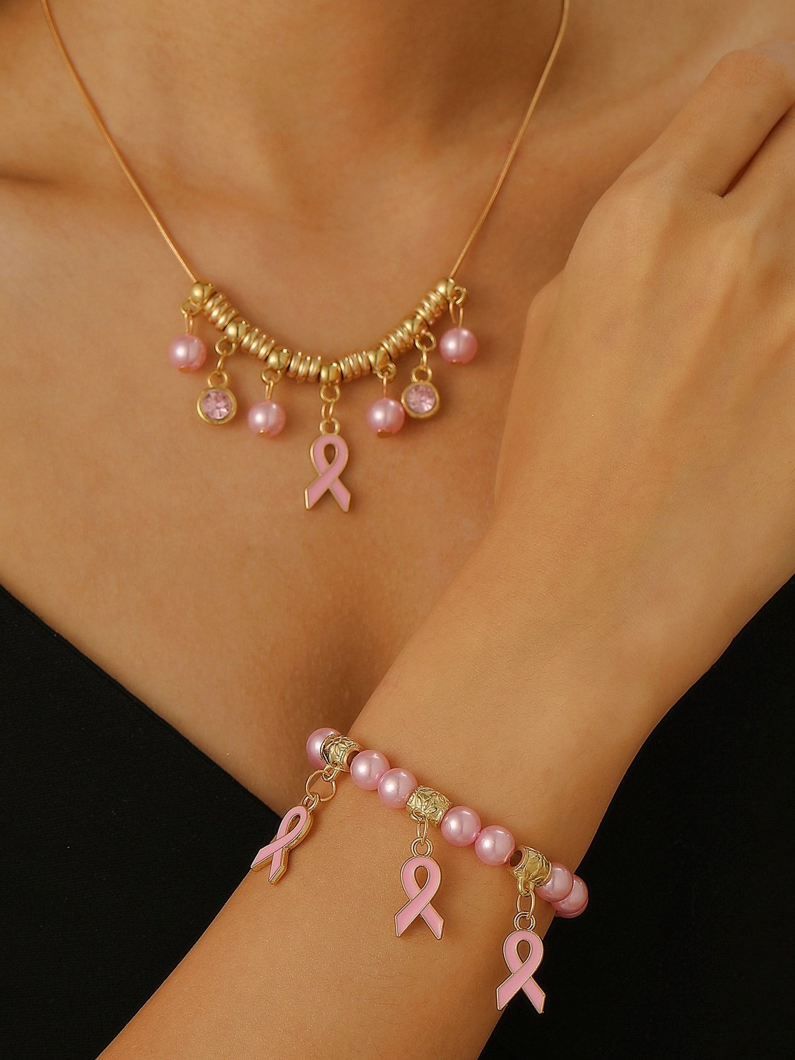 Breast Marker Real Gold Electroplated Pink Ribbon Women's Health Pearl Bracelet Necklace Set Ins Shambhala Jewelry
