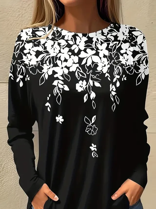 Women Floral Long Sleeve Tee T-shirt Crew Neck Printing Casual Spring/Fall Graphic Tee Top