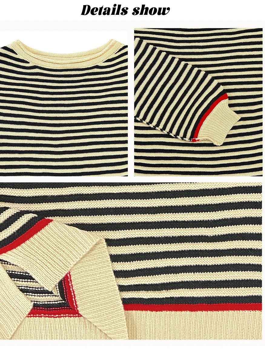 Women Striped Split Joint Winter Street Long Sleeve Crew Neck Sweater