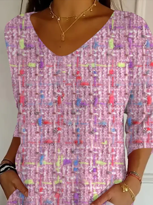 Women Abstract Three Quarter Sleeve Tee T-shirt V Neck Printing Casual Spring/Fall Graphic Tee Top