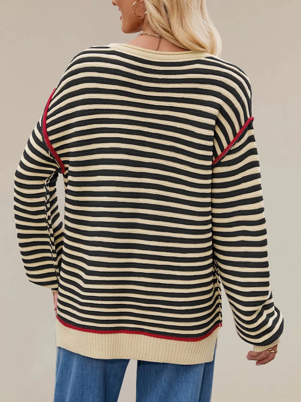 Women Striped Split Joint Winter Street Long Sleeve Crew Neck Sweater