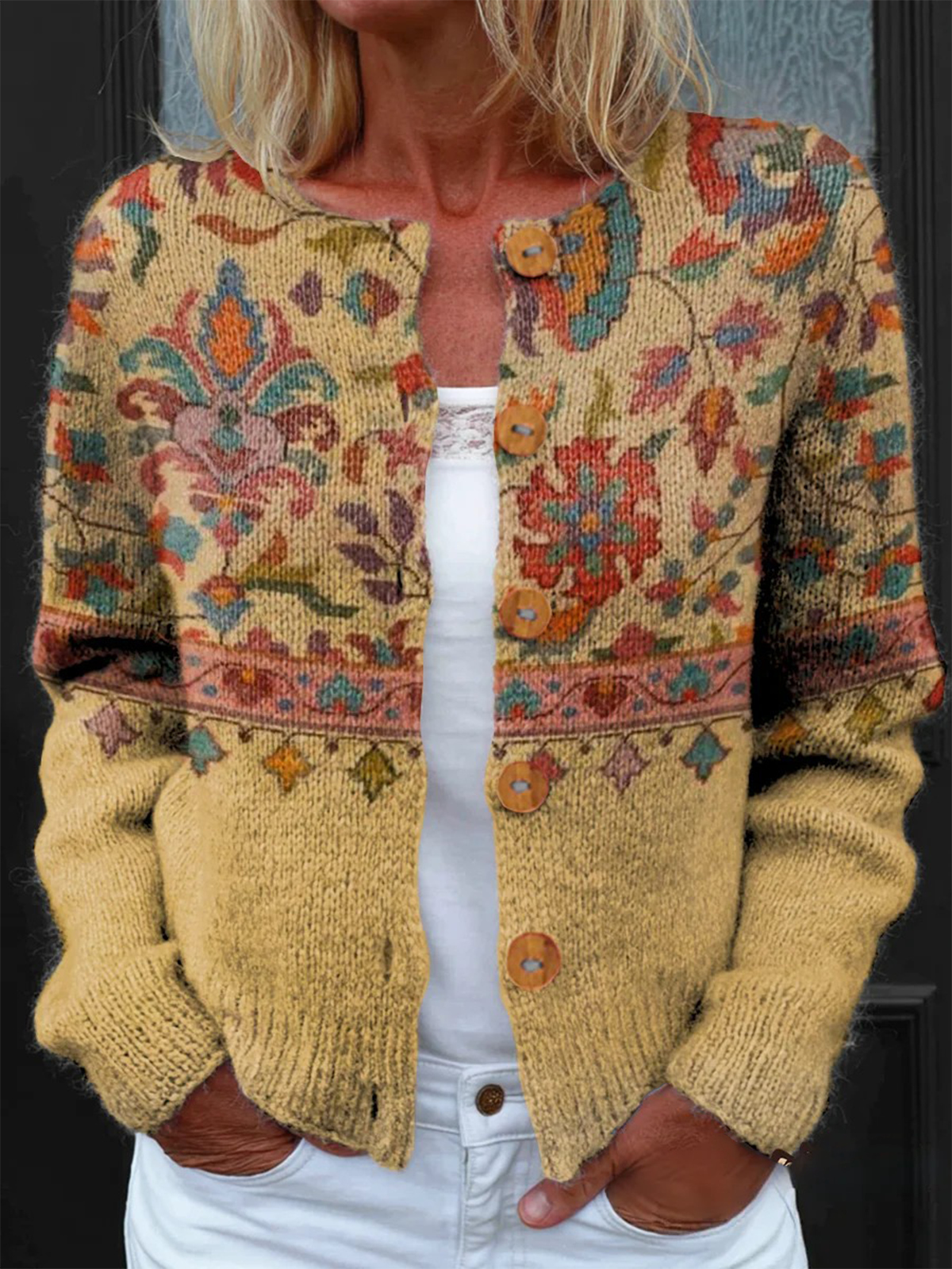 Women Geometric Vintage Spring/Fall Buttons Knitted Cardigan