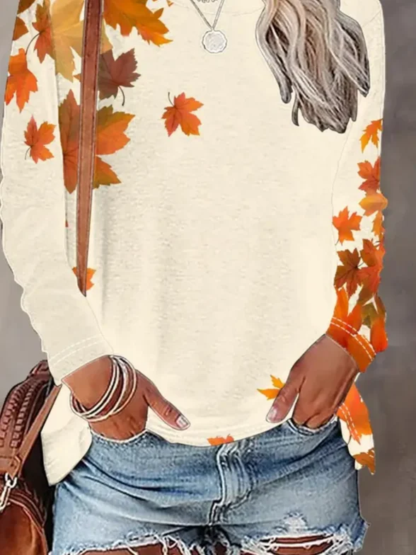 Women Maple Leaf Long Sleeve Tee T-shirt Crew Neck Printing Casual Spring/Fall Graphic Tee Top