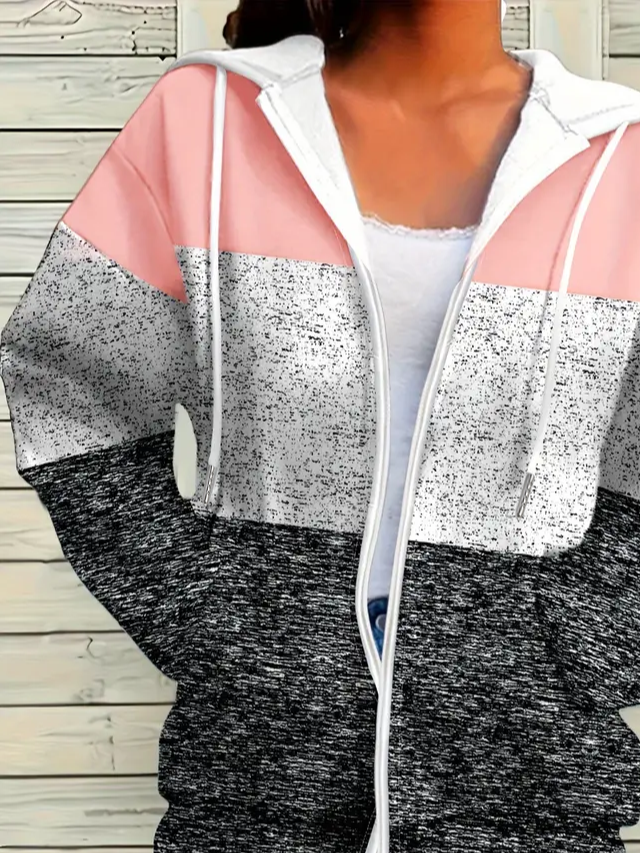 Women Spring/Fall Outerwear Casual Printing Multicolor Block Long Sleeve Hoodie Jacket