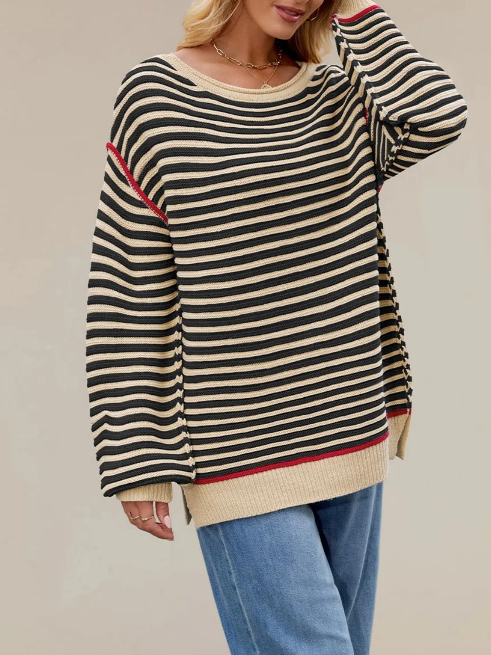 Women Striped Split Joint Winter Street Long Sleeve Crew Neck Sweater