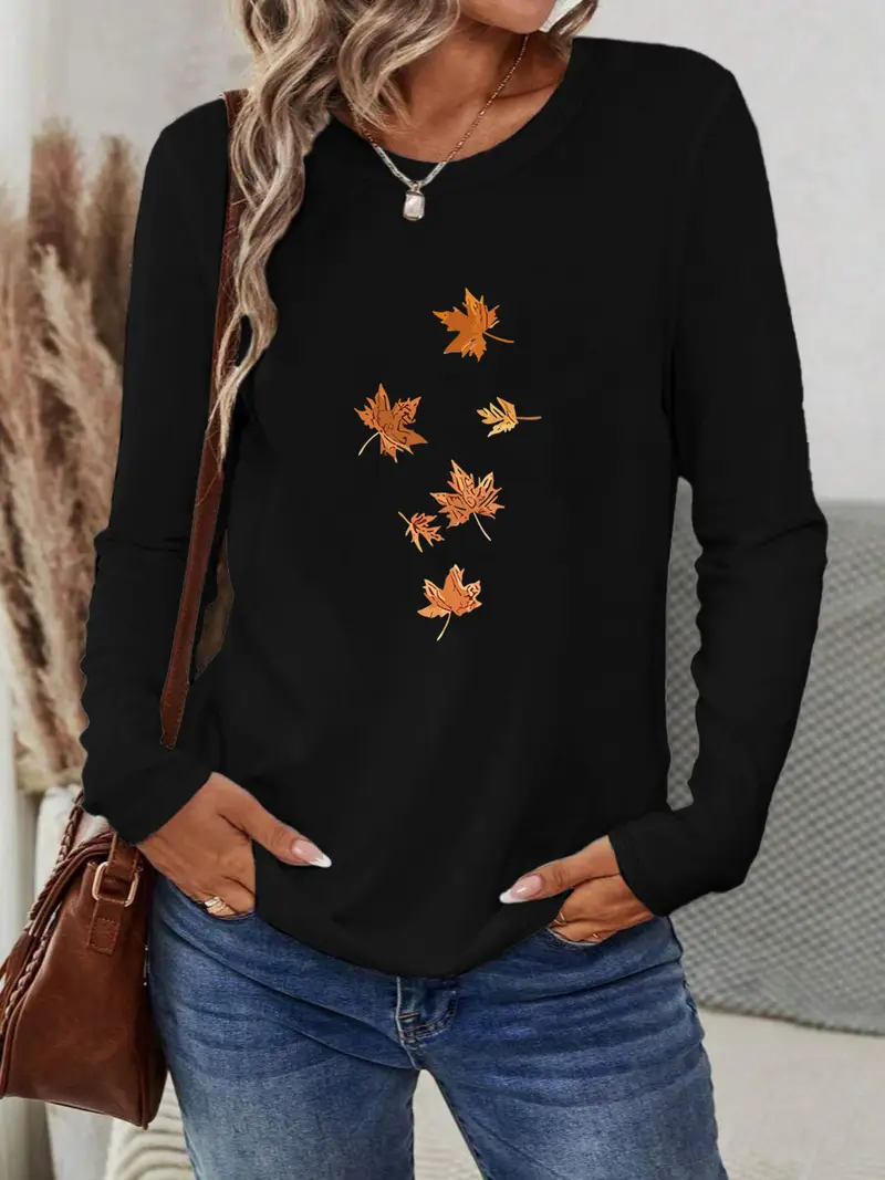 Women Maple Leaf Long Sleeve Tee T-shirt Crew Neck Printing Casual Spring/Fall Graphic Tee Top