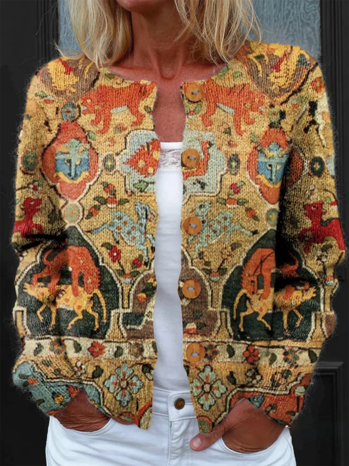 Women Geometric Vintage Spring/Fall Buttons Knitted Cardigan