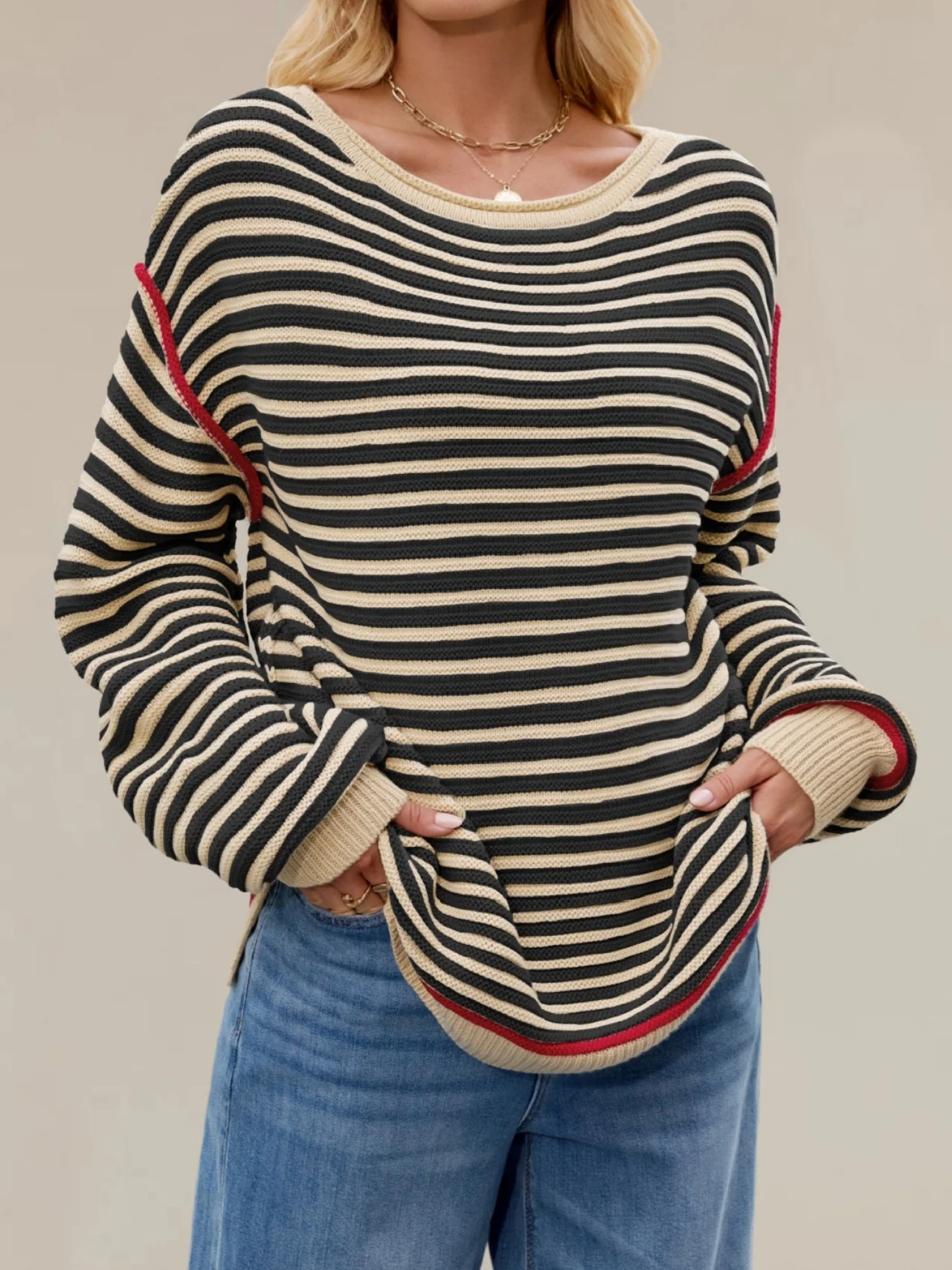 Women Striped Split Joint Winter Street Long Sleeve Crew Neck Sweater