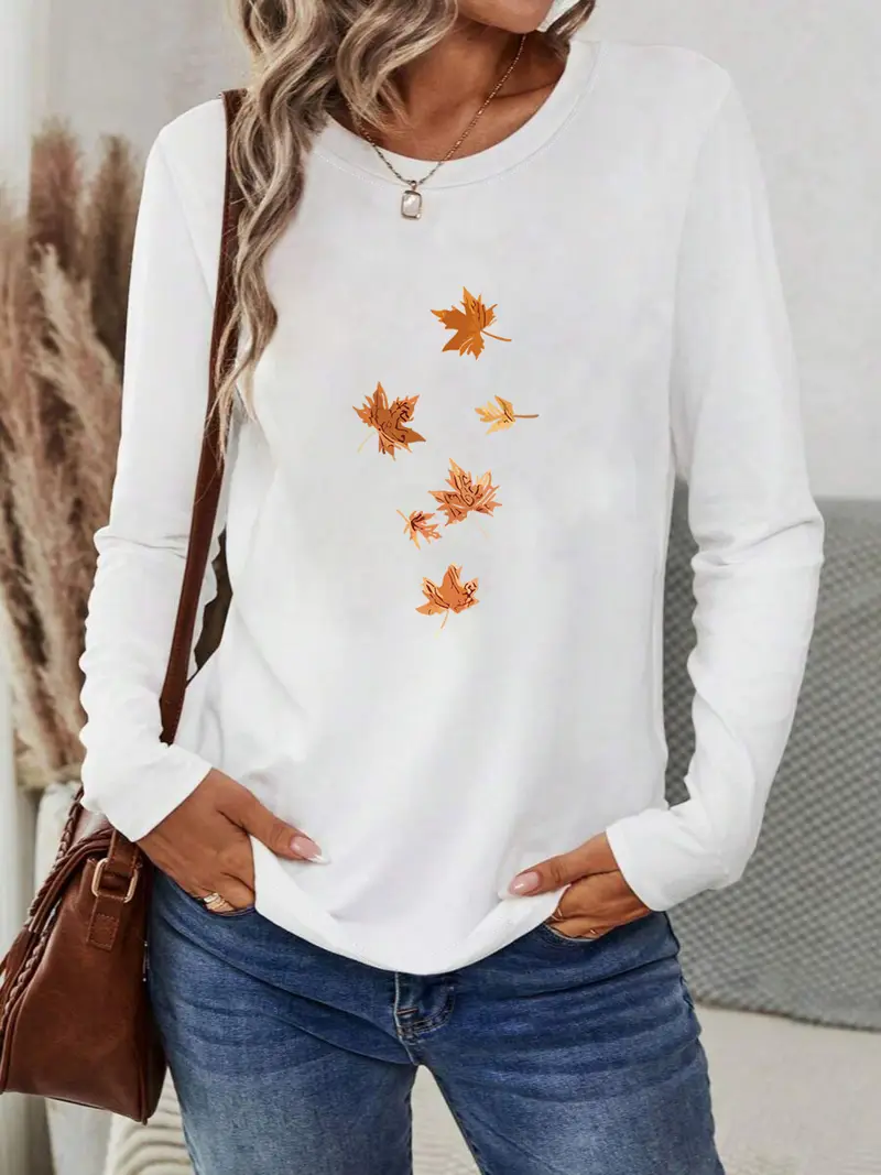Women Maple Leaf Long Sleeve Tee T-shirt Crew Neck Printing Casual Spring/Fall Graphic Tee Top