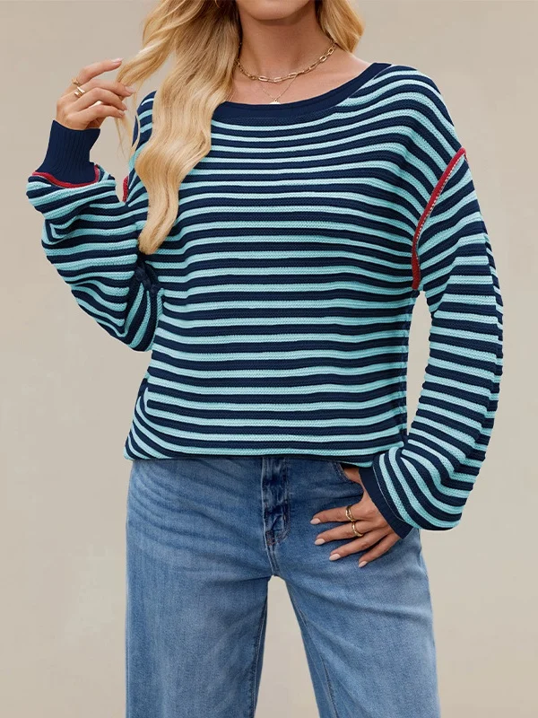 Women Striped Split Joint Winter Street Long Sleeve Crew Neck Sweater
