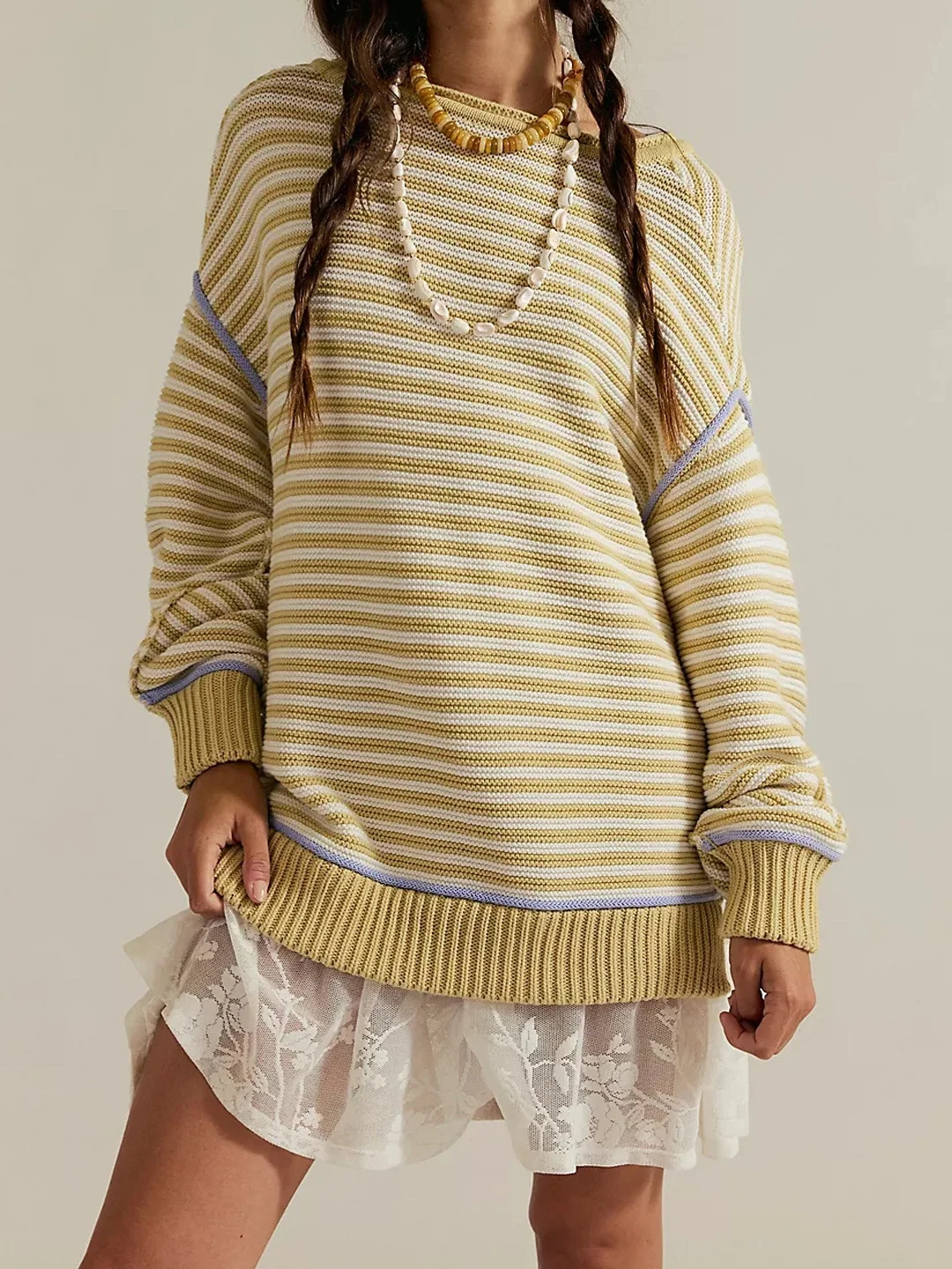 Women Striped Split Joint Winter Street Long Sleeve Crew Neck Sweater
