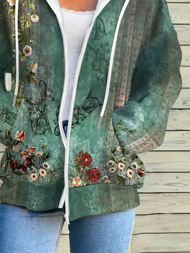 Women Spring/Fall Outerwear Casual Printing Floral Long Sleeve Hoodie Jacket