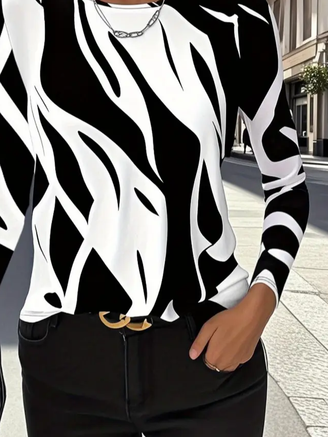 Women Abstract Long Sleeve Tee T-shirt Crew Neck Printing Casual Spring/Fall Graphic Tee Top