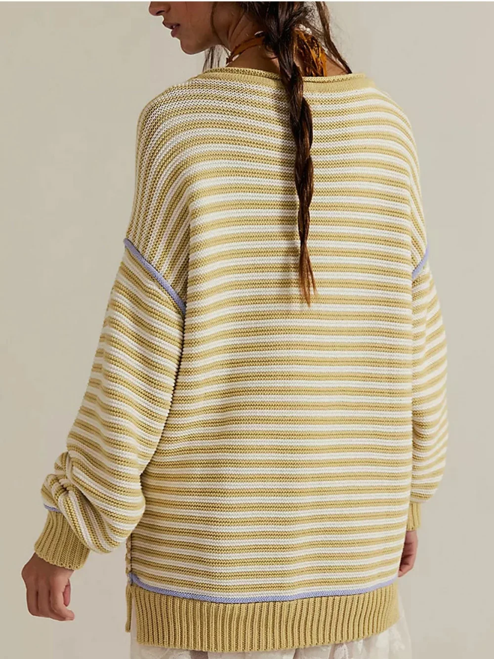 Women Striped Split Joint Winter Street Long Sleeve Crew Neck Sweater