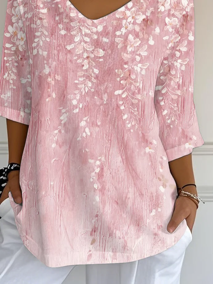 Women Floral Three Quarter Sleeve Tee T-shirt V Neck Printing Casual Spring/Fall Graphic Tee Top