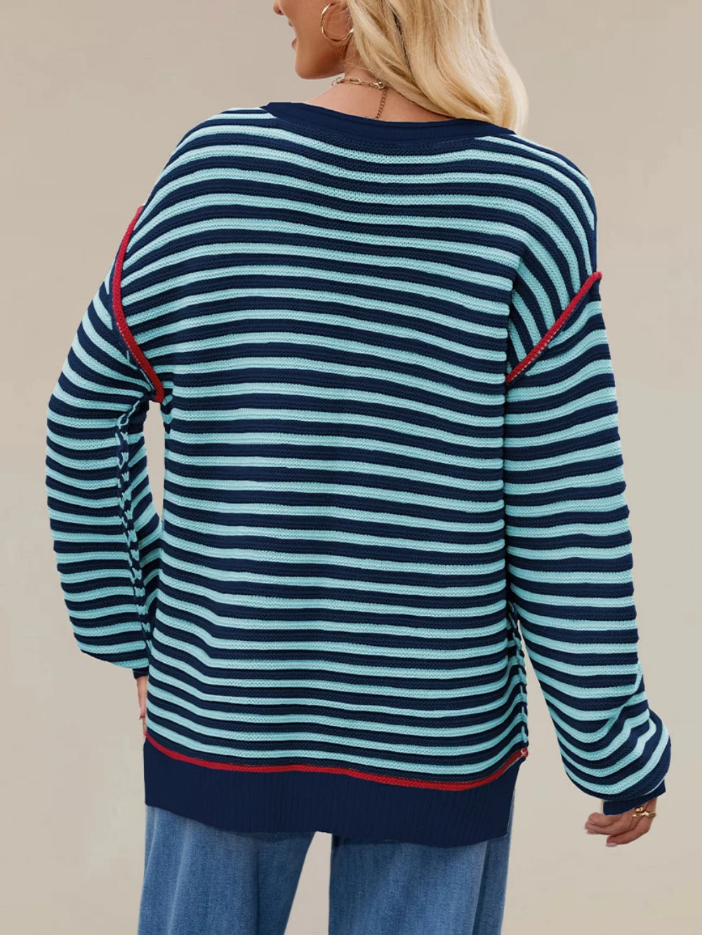 Women Striped Split Joint Winter Street Long Sleeve Crew Neck Sweater