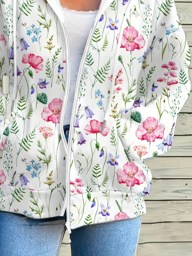 Women Spring/Fall Outerwear Casual Printing Floral Long Sleeve Hoodie Jacket