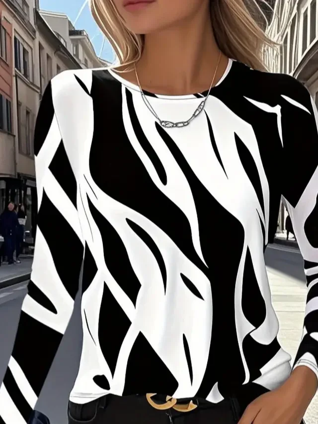 Women Abstract Long Sleeve Tee T-shirt Crew Neck Printing Casual Spring/Fall Graphic Tee Top