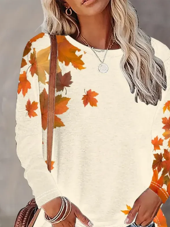 Women Maple Leaf Long Sleeve Tee T-shirt Crew Neck Printing Casual Spring/Fall Graphic Tee Top