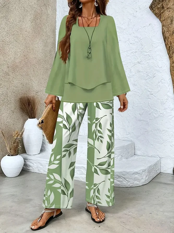 Women Floral Printing Two-Piece Set Daily Long Sleeve Casual Spring/Fall Top With Pants Matching Set