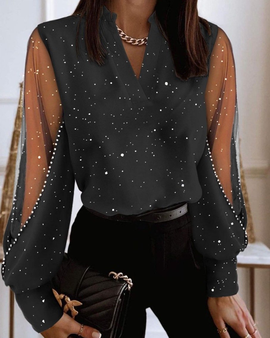 Women Color Block Long Sleeve Shirt Spring/Fall Split Joint V Neck Balloon Sleeve Daily Casual Top