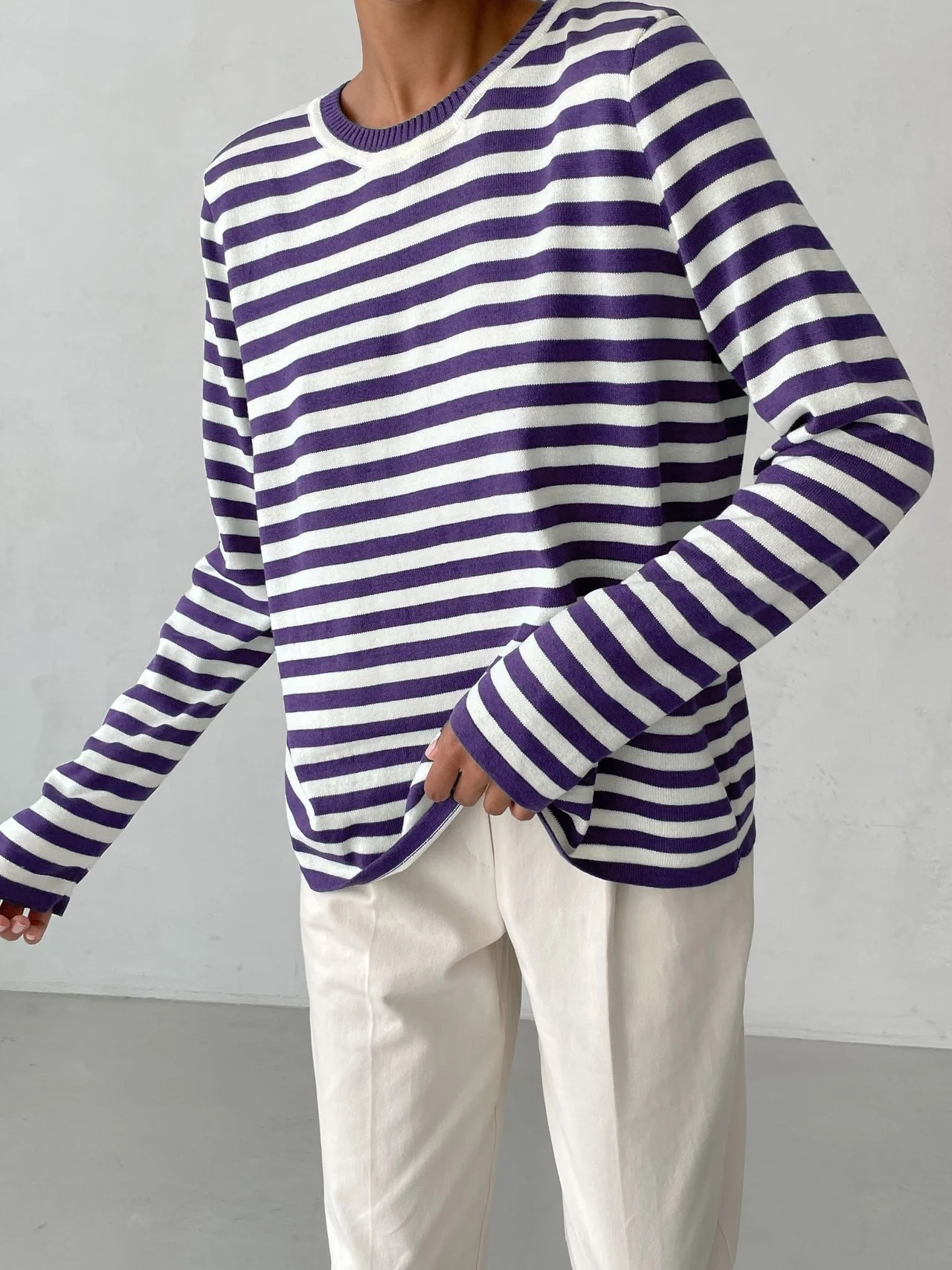 Women Striped Split Joint Spring/Fall Street Long Sleeve Crew Neck Sweater