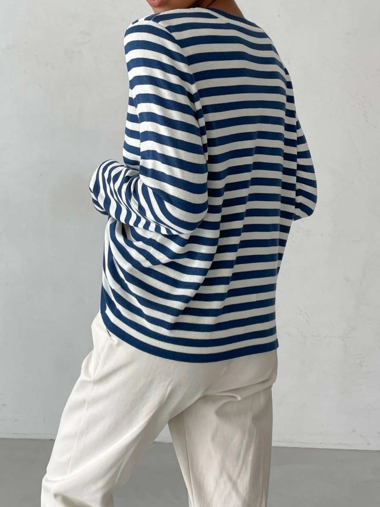 Women Striped Split Joint Spring/Fall Street Long Sleeve Crew Neck Sweater